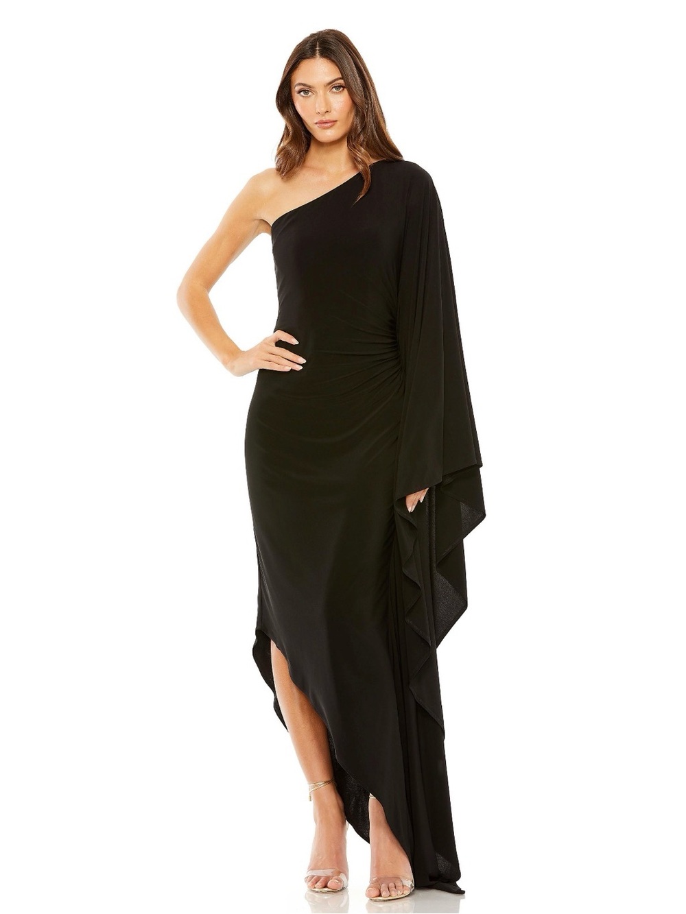 NWT Mac Duggal Ieena Black One Shoulder Cape Sleeve Gown L Ret. $398